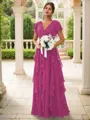 A-line Charming V-neck Short Sleeves Floor-Length Chiffon Bridesmaid Dress With Ruffles
