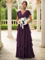 A-line Charming V-neck Short Sleeves Floor-Length Chiffon Bridesmaid Dress With Ruffles