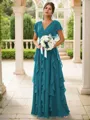 A-line Charming V-neck Short Sleeves Floor-Length Chiffon Bridesmaid Dress With Ruffles