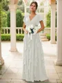 A-line Charming V-neck Short Sleeves Floor-Length Chiffon Bridesmaid Dress With Ruffles