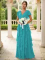 A-line Charming V-neck Short Sleeves Floor-Length Chiffon Bridesmaid Dress With Ruffles
