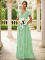 A-line Charming V-neck Short Sleeves Floor-Length Chiffon Bridesmaid Dress With Ruffles