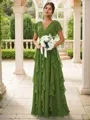 A-line Charming V-neck Short Sleeves Floor-Length Chiffon Bridesmaid Dress With Ruffles
