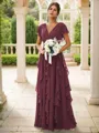 A-line Charming V-neck Short Sleeves Floor-Length Chiffon Bridesmaid Dress With Ruffles
