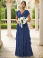 A-line Charming V-neck Short Sleeves Floor-Length Chiffon Bridesmaid Dress With Ruffles