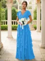A-line Charming V-neck Short Sleeves Floor-Length Chiffon Bridesmaid Dress With Ruffles