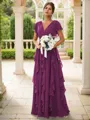 A-line Charming V-neck Short Sleeves Floor-Length Chiffon Bridesmaid Dress With Ruffles