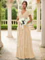 A-line Charming V-neck Short Sleeves Floor-Length Chiffon Bridesmaid Dress With Ruffles