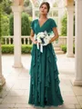 A-line Charming V-neck Short Sleeves Floor-Length Chiffon Bridesmaid Dress With Ruffles