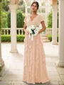 A-line Charming V-neck Short Sleeves Floor-Length Chiffon Bridesmaid Dress With Ruffles
