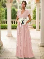 A-line Charming V-neck Short Sleeves Floor-Length Chiffon Bridesmaid Dress With Ruffles