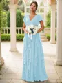 A-line Charming V-neck Short Sleeves Floor-Length Chiffon Bridesmaid Dress With Ruffles