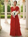 A-line Charming V-neck Short Sleeves Floor-Length Chiffon Bridesmaid Dress With Ruffles