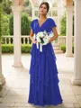 A-line Charming V-neck Short Sleeves Floor-Length Chiffon Bridesmaid Dress With Ruffles