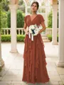 A-line Charming V-neck Short Sleeves Floor-Length Chiffon Bridesmaid Dress With Ruffles