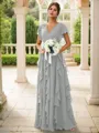 A-line Charming V-neck Short Sleeves Floor-Length Chiffon Bridesmaid Dress With Ruffles