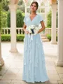 A-line Charming V-neck Short Sleeves Floor-Length Chiffon Bridesmaid Dress With Ruffles