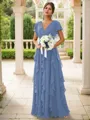 A-line Charming V-neck Short Sleeves Floor-Length Chiffon Bridesmaid Dress With Ruffles