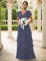 A-line Charming V-neck Short Sleeves Floor-Length Chiffon Bridesmaid Dress With Ruffles
