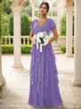 A-line Charming V-neck Short Sleeves Floor-Length Chiffon Bridesmaid Dress With Ruffles