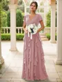 A-line Charming V-neck Short Sleeves Floor-Length Chiffon Bridesmaid Dress With Ruffles