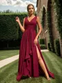 A-line Flattering V-neck Floor-Length Chiffon Bridesmaid Dress With Slit