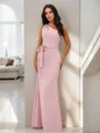 Classic Sheath/Column One-Shoulder Floor-Length Stretch Crepe Bridesmaid Dress With Bow