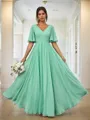 A-line Simple V-neck Short Sleeves Floor-Length Chiffon Bridesmaid Dress With Pleated
