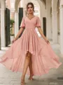 A-line Elegant V-neck Short Sleeves Asymmetrical Chiffon Bridesmaid Dress With Pockets