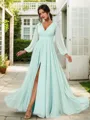 Classic A-line V-neck Long Sleeves Floor-Length Chiffon Bridesmaid Dress With Slit