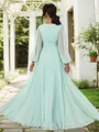 Classic A-line V-neck Long Sleeves Floor-Length Chiffon Bridesmaid Dress With Slit