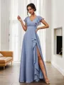 Feminine A-line V-neck Short Sleeves Floor-Length Chiffon Bridesmaid Dress With Slit