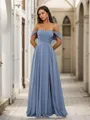 A-line Beautiful Off-the-Shoulder Floor-Length Chiffon Bridesmaid Dress With Slit