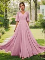 Subtle A-line V-neck Short Sleeves Floor-Length Chiffon Bridesmaid Dress With Pleated