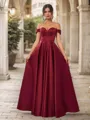 A-line Balanced Off-the-Shoulder Floor-Length Satin Bridesmaid Dress With Pockets