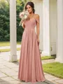 A-line Timeless Cold Shoulder Floor-Length Chiffon Bridesmaid Dress With Slit