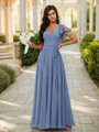 Dreamy A-line V-neck Short Sleeves Floor-Length Chiffon Bridesmaid Dress With Slit