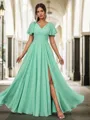 A-line Perfect V-neck Short Sleeves Floor-Length Chiffon Bridesmaid Dress With Slit