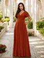 Glam A-line V-neck Short Sleeves Floor-Length Chiffon Bridesmaid Dress With Slit