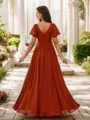 Glam A-line V-neck Short Sleeves Floor-Length Chiffon Bridesmaid Dress With Slit