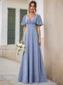 Delicate A-line V-neck Short Sleeves Floor-Length Chiffon Bridesmaid Dress With Pleated