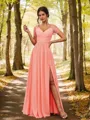 Flattering A-line V-neck Short Sleeves Floor-Length Chiffon Bridesmaid Dress With Slit