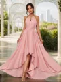 Trendy A-line Halter Asymmetrical Chiffon Bridesmaid Dress With Sash