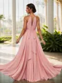 Trendy A-line Halter Asymmetrical Chiffon Bridesmaid Dress With Sash
