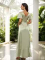 A-line Fashion V-neck Short Sleeves Asymmetrical Silk Like Satin Bridesmaid Dress With Pockets