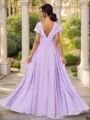 Subtle A-line V-neck Short Sleeves Floor-Length Chiffon Bridesmaid Dress With Slit