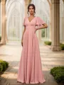 Balanced A-line V-neck Short Sleeves Floor-Length Chiffon Bridesmaid Dress With Slit
