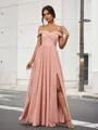 Refined A-line Off-the-Shoulder Floor-Length Chiffon Bridesmaid Dress With Slit