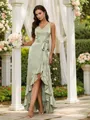 A-line Glam V-neck Asymmetrical Silk Like Satin Bridesmaid Dress With Pockets