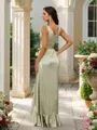 A-line Glam V-neck Asymmetrical Silk Like Satin Bridesmaid Dress With Pockets